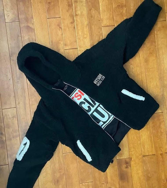Black “outside social club” Sherpa hoodie with white highlights 